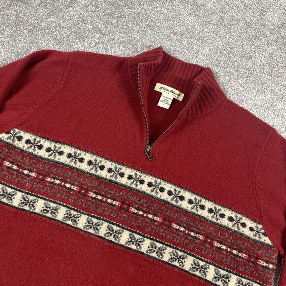 Eddie Bauer Sweater Mens Large Lamsbwool Fair Isle Vintage Grandpa 1/4 Zip - Picture 1 of 14